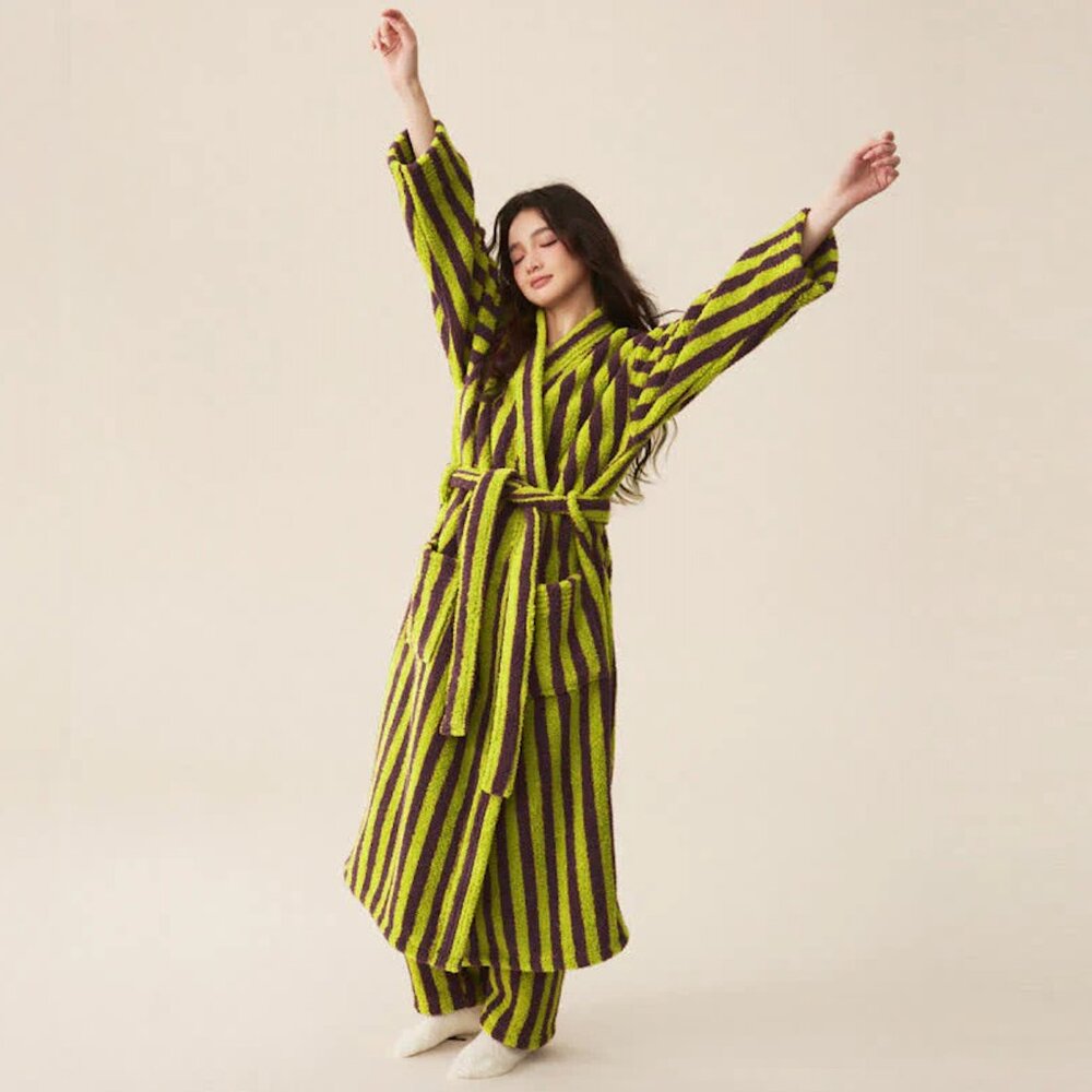Ownkoti Plush Bathrobe - Green & Purple Stripe